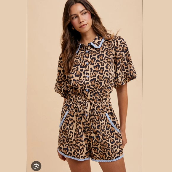 Anniewear Pants - NEW Women's Anniewear Leopard Romper With Blue Lace Trim Small